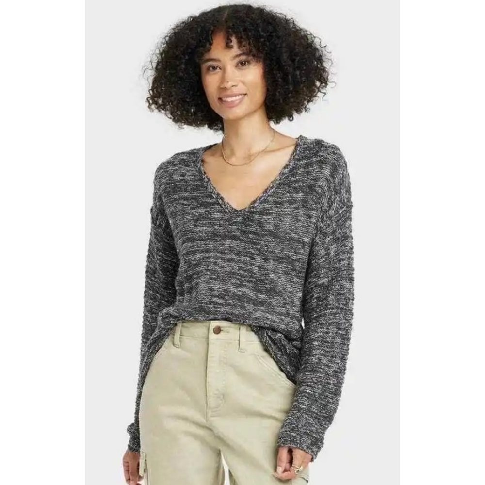 Universal Thread Vneck Pullover Sweater Black Marled Size L